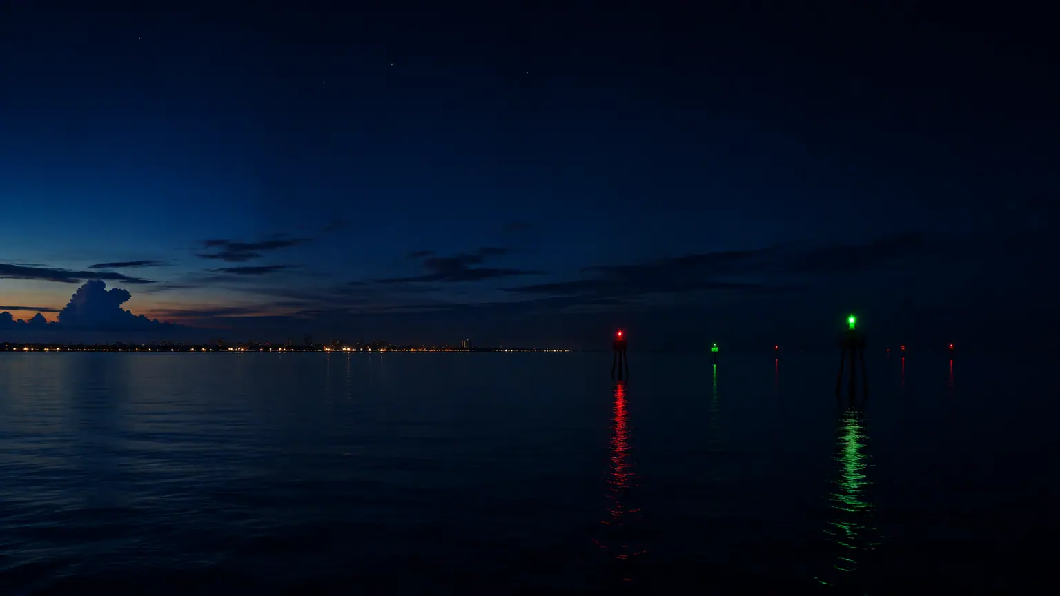 Pre-dawn water, a distant shoreline, and red and green channel-marker lights.